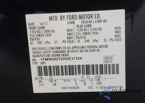 2017 Ford Explorer Sport из США, поврежденный, VIN 1FM5K8GT2HGE31324